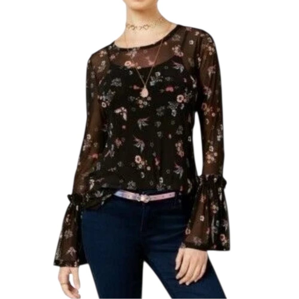 Freshman 1996 Black with Floral Print Sheer 90s Y2K Long Sleeve Blouse Large